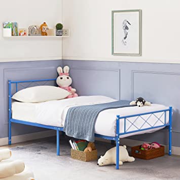 VECELO Metal Platform Bed Frame Mattress Foundation with Headboard & Footboard, NO Boxing Spring Needed, Heavy-Duty Support, Easy Assembly, Twin, Blue