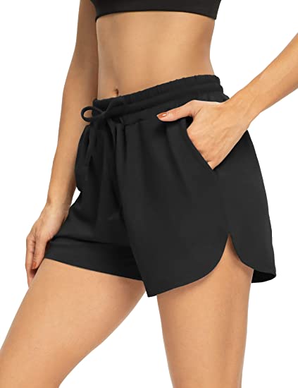 THANTH Womens 3" Yoga Shorts Elastic Waist Comfy Cotton Lounge Pajamas Workout Running Terry Jersey Shorts with Pockets