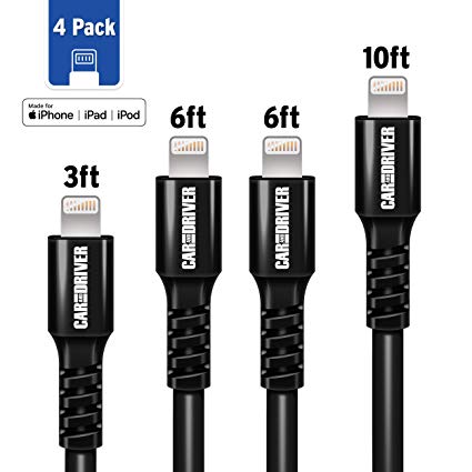 Car and Driver Apple MFI Certified Premium Lightning Cable 4 Pack (3ft, 6ft X2, 10 Ft) for iPhone Chargers, iPhone Xs/XS Max/XR/X / 8/8 Plus / 7/7 Plus / 6/6 Plus / 5s, iPad Pro Air 2, and More