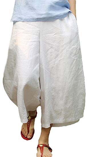 Ecupper Womens Linen Wide Leg Cropped Culottes Loose High Waist Lounge Pants