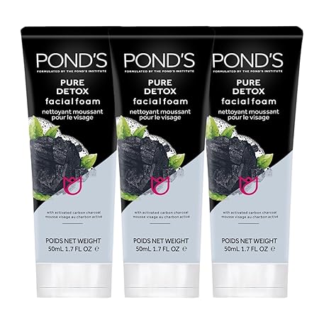 Pond's Pure Detox Facial Foam, Deep Cleansing with Activated Charcoal, Facial Wash, 3- Pack of 1.7 Oz Each