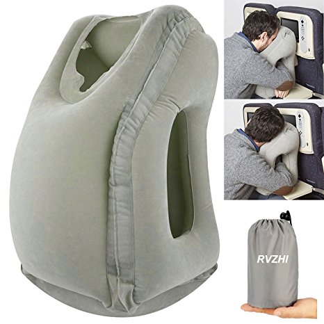 RVZHI Inflatable Airplane Travel Pillow, Portable Head Neck Rest Pillows, Patented Design for Airplanes Cars Bus Trains Office Napping Camping - Grey
