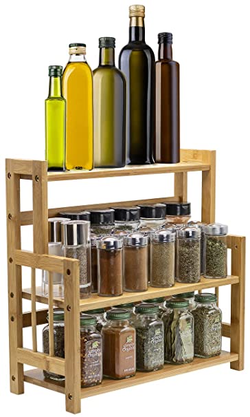 Sorbus Kitchen Countertop Organizer Bamboo Wooden Counter Storage Shelf Rack for Spice, Soap, Skin care, Makeup Display Stand, Bathroom Shelves, Vanity, Office (3-Tier)