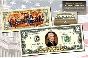 Two Dollar Colorized 2-Sided Uncirculated Bill Special Edition Collectible Display Holder and Certificate