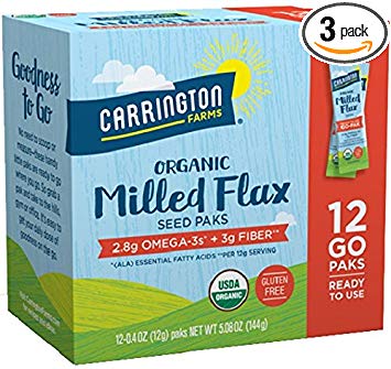 Carrington Farms Organic Milled Flax Seed, Gluten Free, USDA Organic, 12 Count Easy Serve Packets (Pack of 3), Packaging May Vary