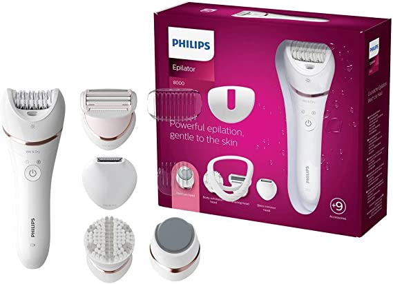 Philips BRE740/10, Advanced Satinelle Electric Epilator, Wet & Dry, 9 Accessories Including 1 Shaving Tip and 1 Hoof Trimmer and 1 Bikini Head and 1 Exfoliating Brush