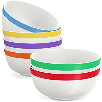 Vremi 17 oz Ceramic Bowls Set of 6 - White Porcelain Kitchen Serving Bowl Set Microwave Safe for Soup Salad Pasta Dessert Popcorn Dip - 5 inch Ice Cream Bowls with Cute Decorative Colorful Stripe Trim