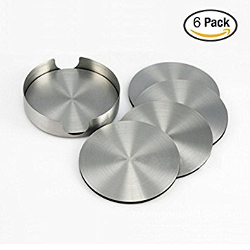 Nicedec Stainless Steel Drink Coaster Rubber Back, Set of 6, 4 inch Large Size Wine Coasters plus A Stainless Steel Holder