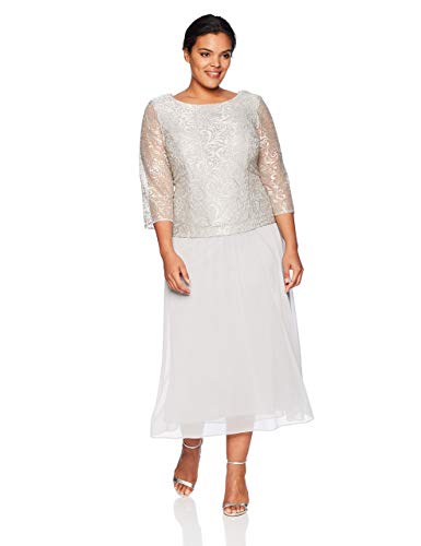 Alex Evenings Women's Plus-Size Tea Length Embroidered Mock Dress with Cowl Back