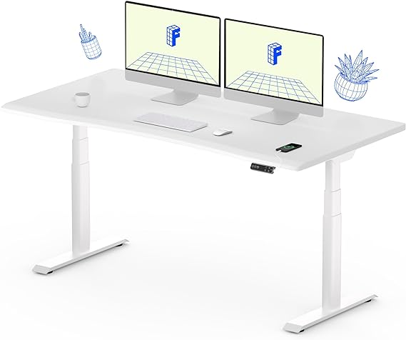 FLEXISPOT E8 Dual Motor 3 Stages Standing Desk 60x27 Inch Oval Leg Skin-Friendly Whole-Piece Board Electric Height Adjustable Desk Electric Stand Up Desk Sit Stand Desk (White Frame   White Desktop)