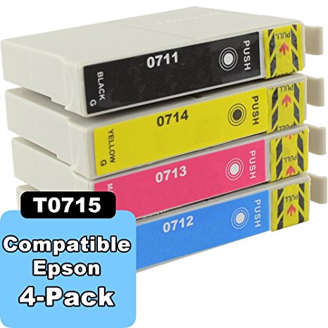 Compatible Epson T0715 Ink Cartridges: 4-Pack of Replacement T0715 Ink For The Epson SX100, SX105, SX110, SX115, SX200, SX205, SX210, SX215, SX218, SX400, SX405, SX410, SX510w, SX515w, SX600fw, SX610fw, B40w, BX310fn, BX510, BX600fw, BX610fw, BX3450, S20, S21, CX4300, B40w, BX310fn, BX510, BX600fw, BX610fw, BX3450, S20, S21 and CX4300