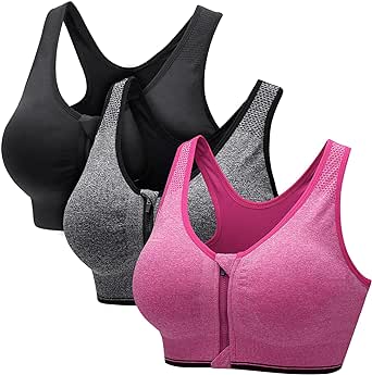 ZOEREA Sports Bras for Women Medium Support Front Zipper Comfortable Yoga Bra 2-Pack with Removable Pads