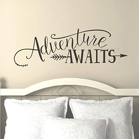 BATTOO Adventure Awaits Wall Decal Quote, Vinyl Lettering with Arrow, Adventure Quote Travel Wall Decal Sticker 42" W 14" H, Tribal Theme Room Decor, Black