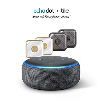 Echo Dot (3rd Gen) - Charcoal Fabric Bundle with Tile Combo Pack - Key Finder. Phone Finder. Anything Finder (2 Tile Sport and 2 Tile Style) - 4 Pack