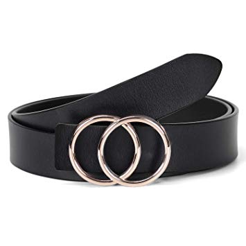 Women Leather Jeans Belt for Pants, Ladies Plus Size Waist Belts Double Ring Buckle, Suit for Pants Size 26-30 Inches, 1-Black