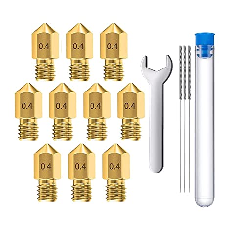 MMOBIEL 10 Pcs 0.4mm Brass MK8 3D Printer Nozzles Extruder Compatible With Creality Ender 3 Series, Ender 5 Series, CR-10/10S, Makerbot, Incl. 3 Cleaning Needles and Wrench