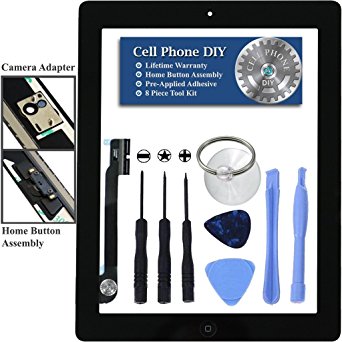 Black iPad 4 Digitizer Replacement Screen Front Touch Glass Assembly Replacement - Includes Home Button   Camera Holder   Pre-Installed Adhesive with Tools – Repair Kit by Cell Phone DIY&rg