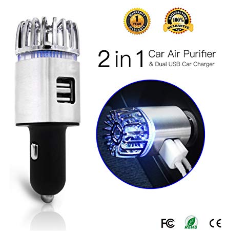 Car Air Purifier, Exemplife Freshener Adapter with 2 USB Ports,Car Air Ionizer Remove Smoke, Bad Smell and Odors,Keep The Air in Car Fresh,Silver