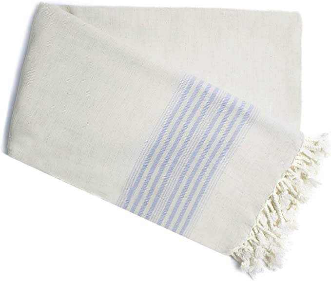 Premium Quality Linen Blend Turkish Bath Towel, Linen Tablecloth, Eco-Friendly Cream Based Turkish Bath Towel with Stripes, Natural Look Linen Tablecloth, 60% Linen - %40 Cotton, Guest Towel (Blue)