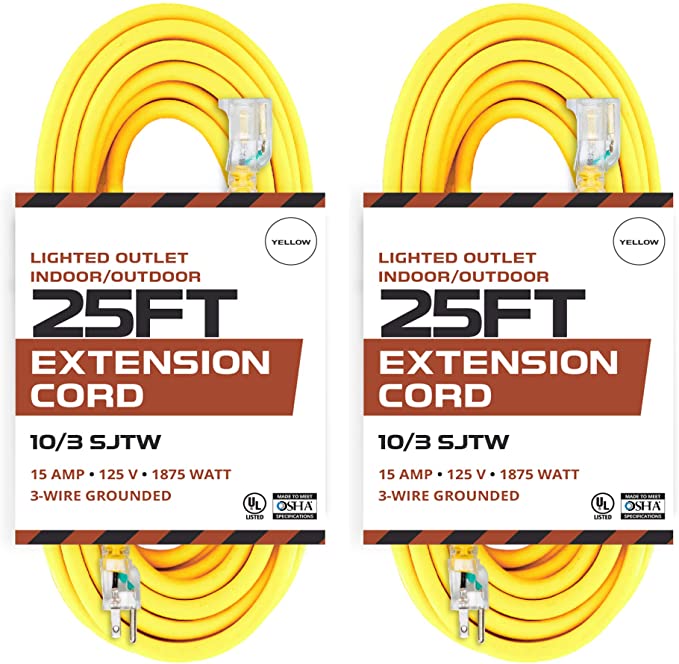 2 Pack of 25 Foot Lighted Outdoor Extension Cord - 10/3 SJTW Yellow 10 Gauge Extension Cable with 3 Prong Grounded Plug for Safety - Great for Garden and Major Appliances