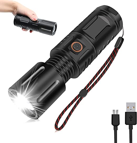 Rechargeable Flashlight, 10000 High Lumens Super Bright Flashlight, 5 Modes, Zoomable, Waterproof Flashlight with Lanyard, LED Tactical Flashlight for Camping Hunting Hiking Outdoor Emergency