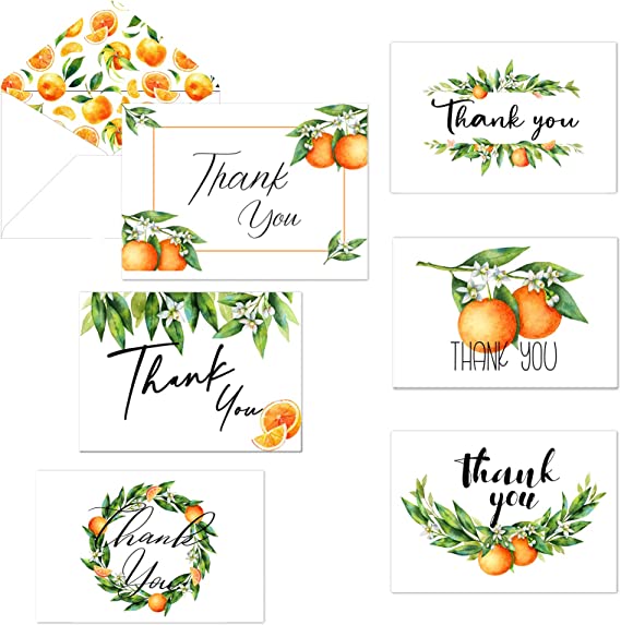 72 Pieces Orange Thank You Cards Includes 36 Pieces Orange Envelopes and 36 Pieces Orange Green Leaves Greeting Cards Watercolor Orange Blank Notes Cards for Birthday Party Baby Shower Thanksgiving