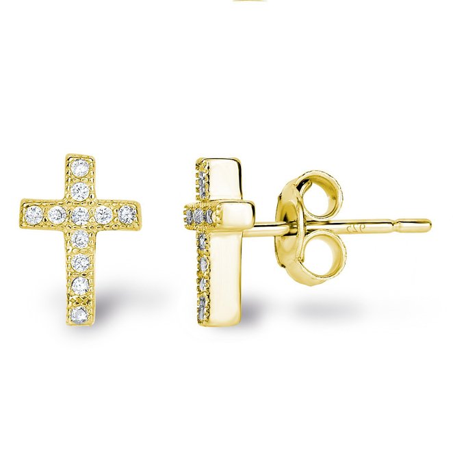 SPOIL CUPID Rhodium Plated 925 Sterling Silver CZ Simulated Diamond Mini Crucifix Cross Stud Earrings