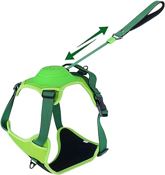 GTI Dog Harness & Retractable Dog Leash All in One, Adjustable Easy Walk Dog Harness with 2 Leash Clips, 4.2 FT Automatic Locking Dog Leash (Green, XL)