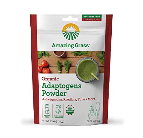 Amazing Grass Organic Adaptogens Greens Powder: Ashwagandha, Rhodiola, Tulsi & Chaga, Smoothie Booster, 30 Servings