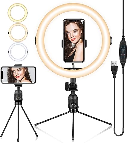 TARION Table Light Stand Mini Tripod with LED Ring Light 11'', Head with 1/4'' Screw and Cell Phone Clip for Video Selfie Photo (Ring Light   Mini Tripod)