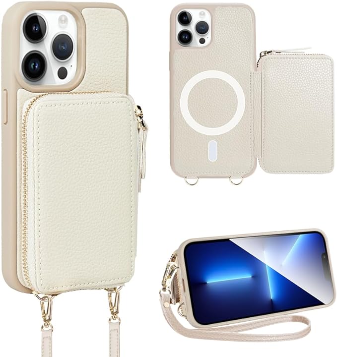 ZVE iPhone 15 Pro Max Wallet Case Magsafe, Crossbody Magnetic Phone Case with Card Holder Wrist Strap for Women, Zipper Leather RFID Blocking Cover for iPhone 15 Pro Max, 6.7"-Beige