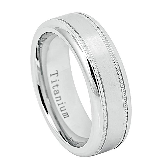 7MM Comfort Fit Titanium Wedding Band White Brushed Center with Milgrain Titanium Ring (Size 7 to 12)