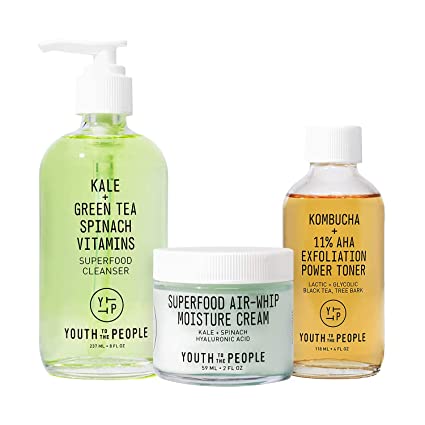 Youth to the People Daily Routine Set - Full Size Superfood Cleanser Face Wash (8z), Air-Whipped Moisture Cream (2oz), Kombucha + 11% AHA Exfoliation Toner (4oz) - Vegan, Clean Beauty