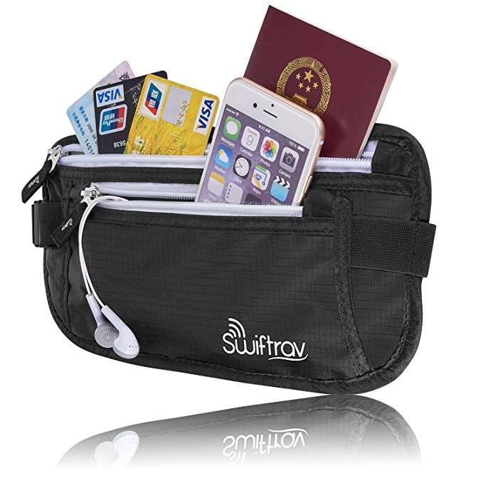Premium RFID Blocking Travel Money Belt By SWIFTRAV | Anti-theft Thin Hidden Waist Pouch Wallet for Credit Cards, Passport & Cash | 3 big pockets with free Luggage Tag | Perfect Gift Idea!