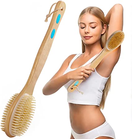 Shower Brushes,Dry and Wet Double-Sided Body Massage Exfoliating Long Bamboo Handled Bath & Body Brushes for Back and Whole Body Scrubber.（Soft and Hard Natural Boar Bristles）