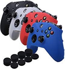 YoRHa Silicone Cover Skin Case for Microsoft Xbox One X & Xbox One S controller x 4(black&White&red&blue) With PRO thumb grips x 8
