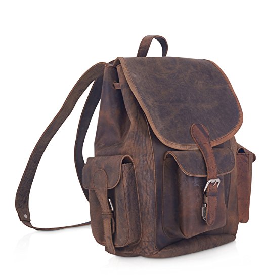 KomalC 15" Vintage Genuine Buffalo Leather Backpack Rucksack Travel Bag College BagSALE