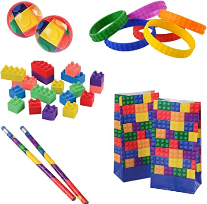 Kid Fun Block Brick Toy Party Favor Supplies Set for 12 Bundle 66 Pieces Mask Puzzle Bracelet