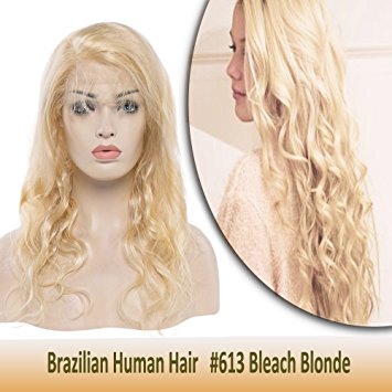 Virgin Human Hair Lace Front Blonde Wig 18" with Baby Hair for Women Body Wave Glueless Transparent Swiss Frontal Lace Free Part Long Brazilian Hair Pre-plucked 130% Density #613 Bleach Blonde