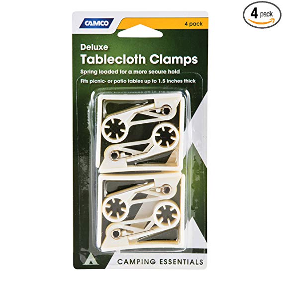 Camco Deluxe Table Cloth Clamp - Secures Your Table Cloth in Place and Prevents Lifting and Sliding During Windy Weather ; Fits Standard Picnic, Patio, and Campsite Tables - Pack of 4 (51077)