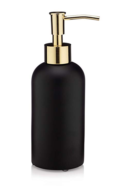 EssentraHome Matte Black Liquid Soap Dispenser with Metal Brushed Gold Pump for Bathroom, Bedroom or Kitchen. Great for Hand Lotions and Essential Oils. 10 Fluid Ounce