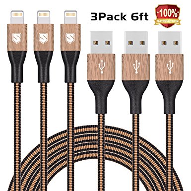 Sundix iPhone Charger 3Pack 6FT Ultra Long Nylon Braided Cord Lightning to USB Cable Compatible with iPhone 7/7 Plus/6/6 Plus/6S/6s Plus/SE/5S/5/5, iPad, iPod and More (Wood, Brown)