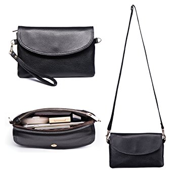 Befen Womens Full Grain Leather Wristlet Clutch Crossbody Phone Wallet, Mini Hipster Cross Body Bag - Black