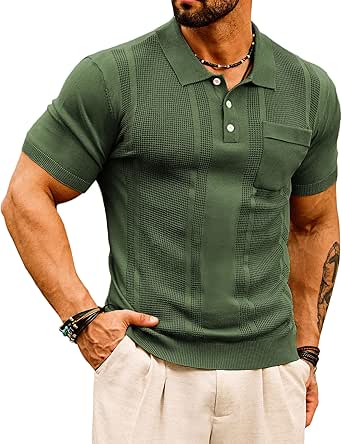 GRACE KARIN Men's Knit Polo Shirts Short Sleeve Texture Lightweight Golf Shirts Sweater