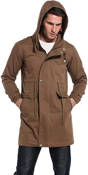 DAZZILYN Men's Cotton Windbreaker Jacket Casual Trench Coat Winter Outdoor Coat with Hood