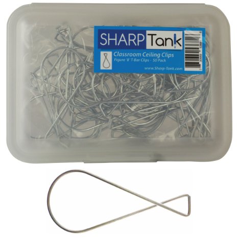 SharpTank Classroom Figure 8 T-Bar Squeeze Clip 50 Pack - Wire Hanging Clip Designed for Displaying Signs Graphics Mobiles and Student Work from Drop-Ceilings - Holds up to 10 lbs