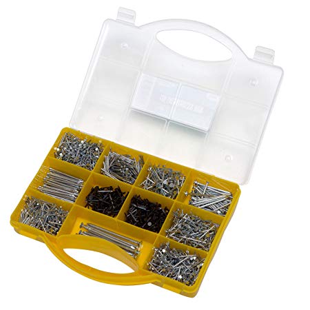 Nail Set Containing 2000 Assorted Nails and Brads – for D.I.Y. Projects, Craft and Hobby Activities and more – Yellow Carry Case Included By Brackit