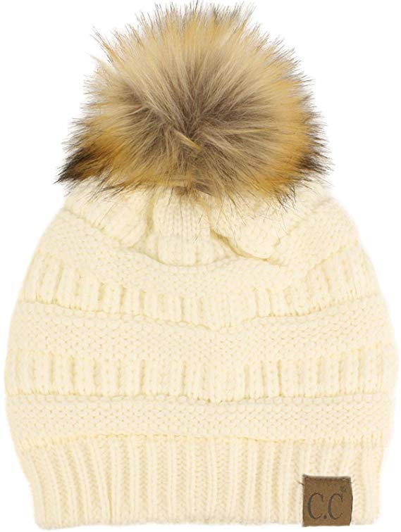 CC Fur Pom Winter Fall Trendy Chunky Stretchy Cable Knit Beanie Hat