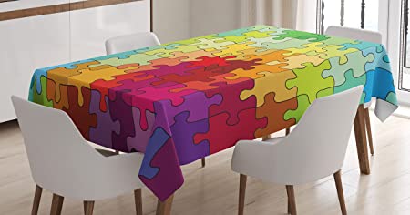 Ambesonne Abstract Tablecloth, Colorful Puzzle Pieces Fractal Children Hobby Activity Leisure Toys Cartoon Image, Dining Room Kitchen Rectangular Table Cover, 52" X 70", Green Purple