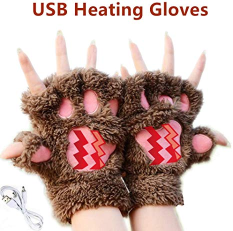 Kbinter USB 2.0 Powered Stripes Heating Pattern Knitting Wool Cute Heated Paw Gloves Fingerless Hands Warmer Mittens Laptop Computer Warm Gloves for Women Men Girls Boys (Brown)
